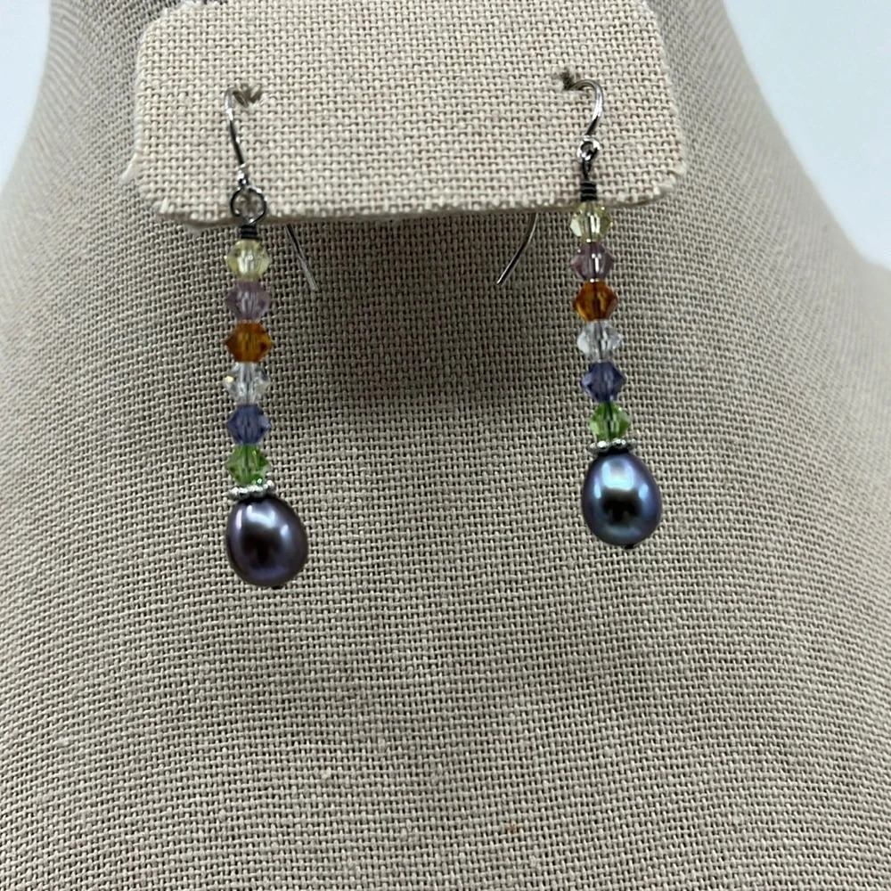 Swarovski Crystal & Blue Pearl 925 Sterling Drop Earrings - Picture 9 of 17